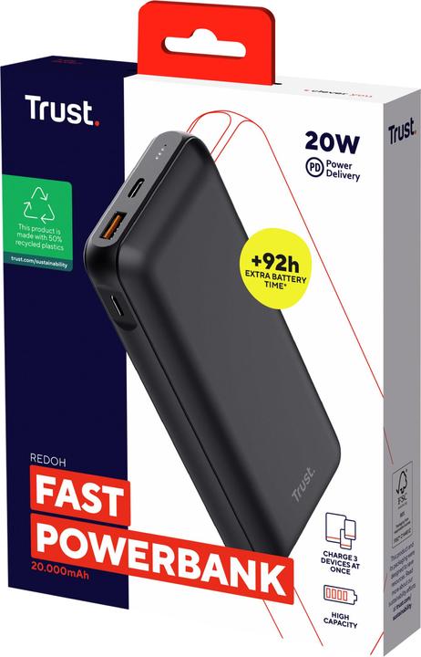 Actual product image Trust Redoh - Powerbank - 20.000 mAh - USB A/USB C - Quick Charge - Zwart (20000 mAh, 18 W, 74 Wh)