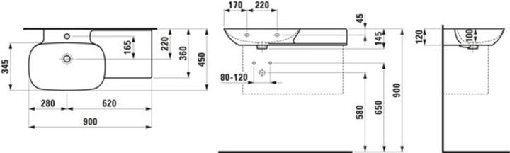 Produktbild Laufen INO Waschtisch, 1 Hahnloch, mit Überlauf, Keramikablage rechts, 900x450mm, H813302 (590 mm, 900 mm)
