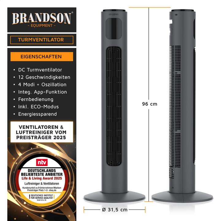 Actual product image Brandson Turmventilator WiFi, Eco DC-Motor 35W, App-Steuerung/Sprachbefehl, Timer, Oszillation, leiser Lüfter (52 dB)
