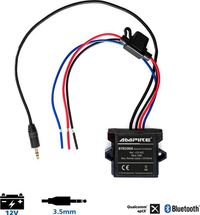 Immagine prodotto Ampire Ricevitore Bluetooth, jack da 3,5 mm, 12 Volt, aptX (Trasmettitore e ricevitore)