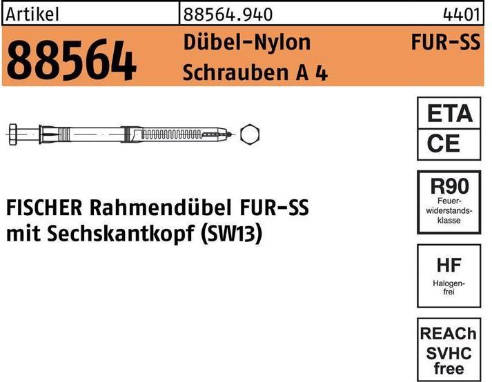 Produktbild Fischer Rahmendübel R 88564 m.6-kant-Schraube FUR 10 x 80 SS Schraube A 4/Dübel-Nylon (50 Stk.)