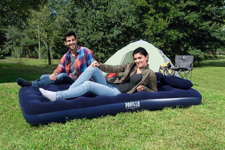 Actual product image Bestway inflatable mattress with pump and pillow, 203x152x22cm, suede
