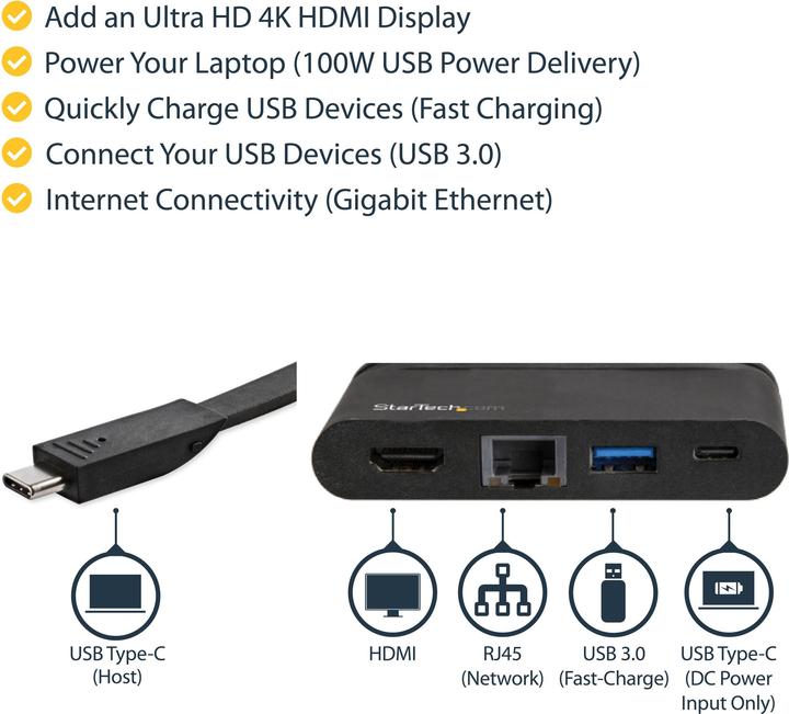 Immagine prodotto StarTech Adattatore USB C Multiport con HDMI - 4K - Mac / Windows - 1xA + 1xC - 100W PD 3.0 - GbE (USB-C, 3 Porti)