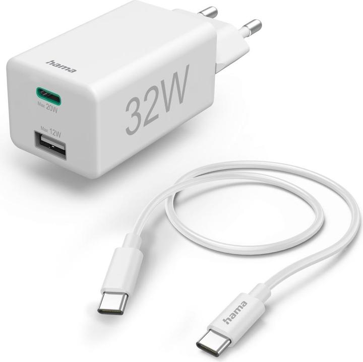 Produktbild Hama Schnellladegerät, 1x USB-C, 1x USB-A, PD/Qualcomm®, Ladeset, 32 Watt, Weiss (32 W)