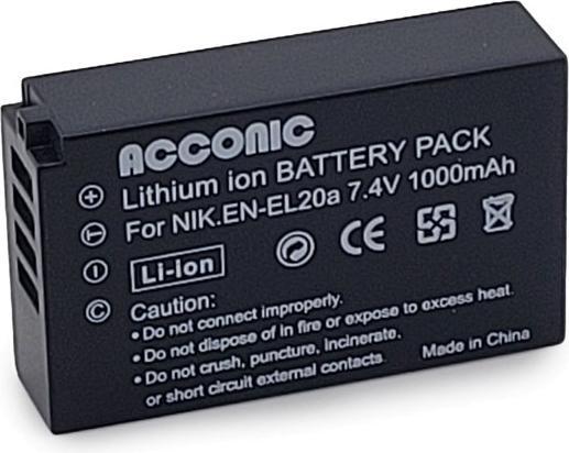 Actual product image Acconic Battery f. Nikon EN-EL20 EN-EL20a 1 A Blackmagic Pocket J1 J-1 J2 J3 S1 V3 V-3 (Camera battery)