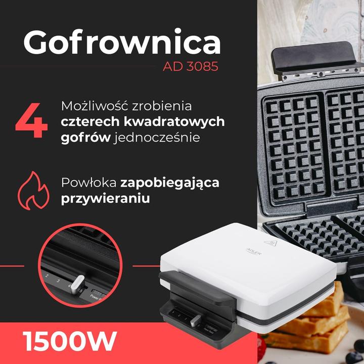 Image du produit Adler Gaufrier Toster | AD 3085 | 1200 W | Nombre de pâtes 2 | Gaufre | Blanc (Prise UE)