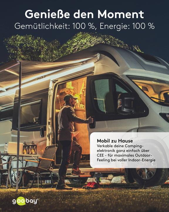 Produktbild Goobay CEE-Adapterleitung, CEE-Stecker auf 1x CEE-Kupplung und 2x Schutzkontakt-Kupplung, 10 m (10 m, CEE 7/3)