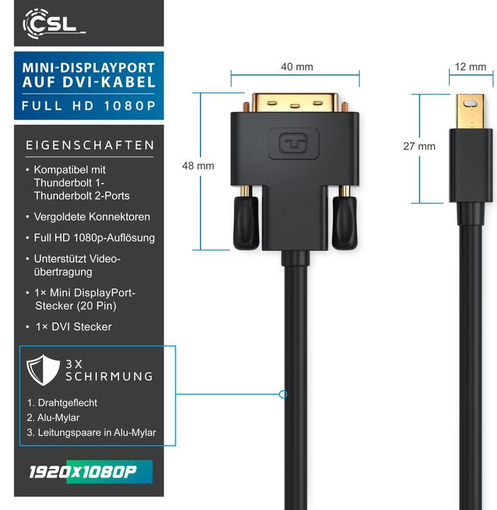 Actual product image CSL Mini DisplayPort to DVI Video Cable, miniDP Monitor Adapter Cable, for Apple, PC's & Notebooks (1 m, DisplayPort, DVI)
