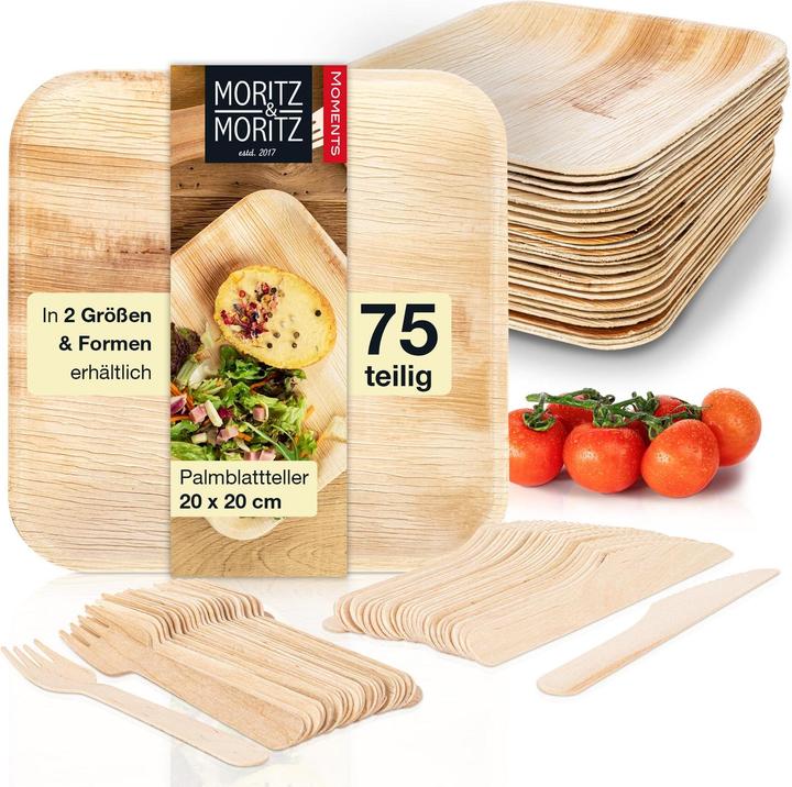Actual product image Moritz & Moritz Palmblattgeschirr Eckig 20cm mit Besteck (75 x)