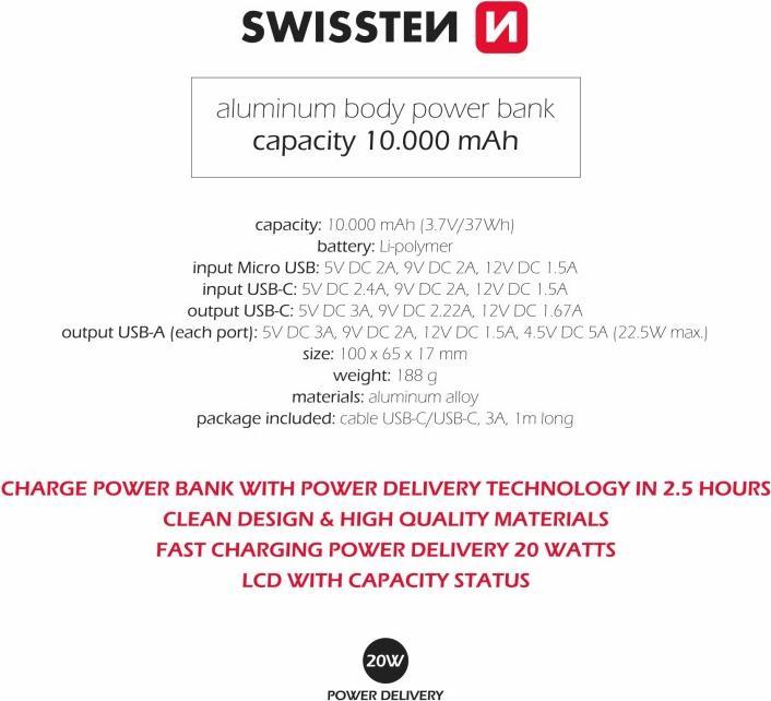 Produktbild Swissten Aluminium POWER BANK 10000 mAh 20W Power Delivery GREY (10000 mAh, 22.50 W, 22.50 Wh)