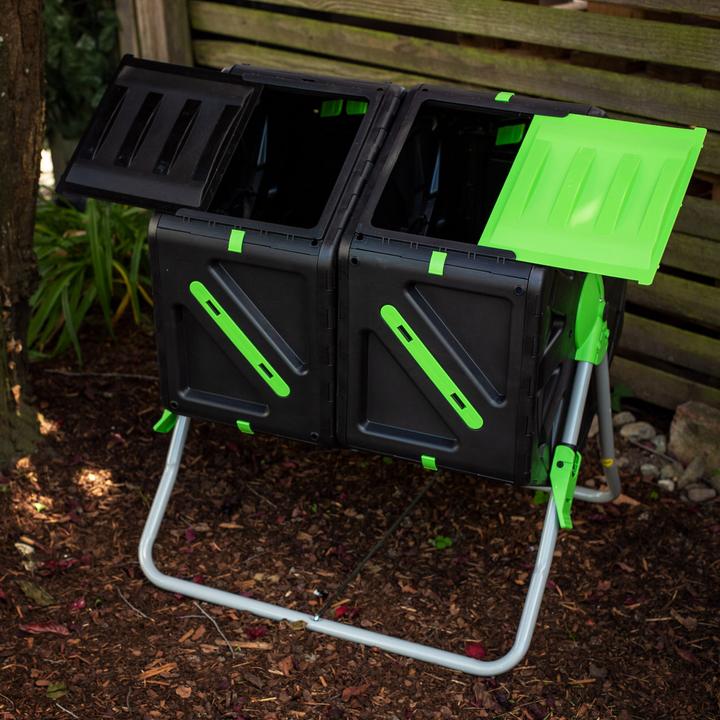 Image du produit UPP Composteur à tambour 2 compartiments de 70 litres chacun Composteur à roulettes Composteur rapide (140 l)