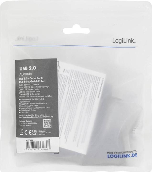 Actual product image LogiLink USB 2.0 RS232 adapter cable, black, 1.5 m Connectors: USB-A plug, DB9 plug (1.50 m)