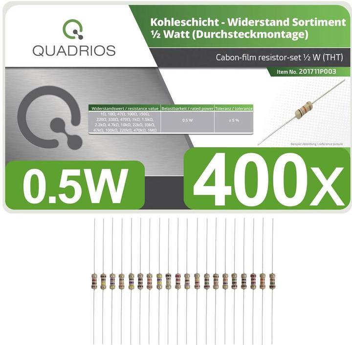 Image du produit Quadrios 201711P003 Résistance à couche de carbone Assortiment câblé axial 0.5 W 5 % 400 pcs.