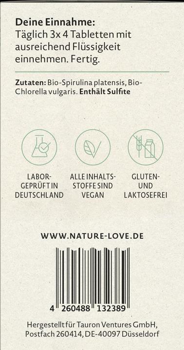 Nährwerte und Zutaten Nature Love Bio Spirulina & Chlorella (180 g)