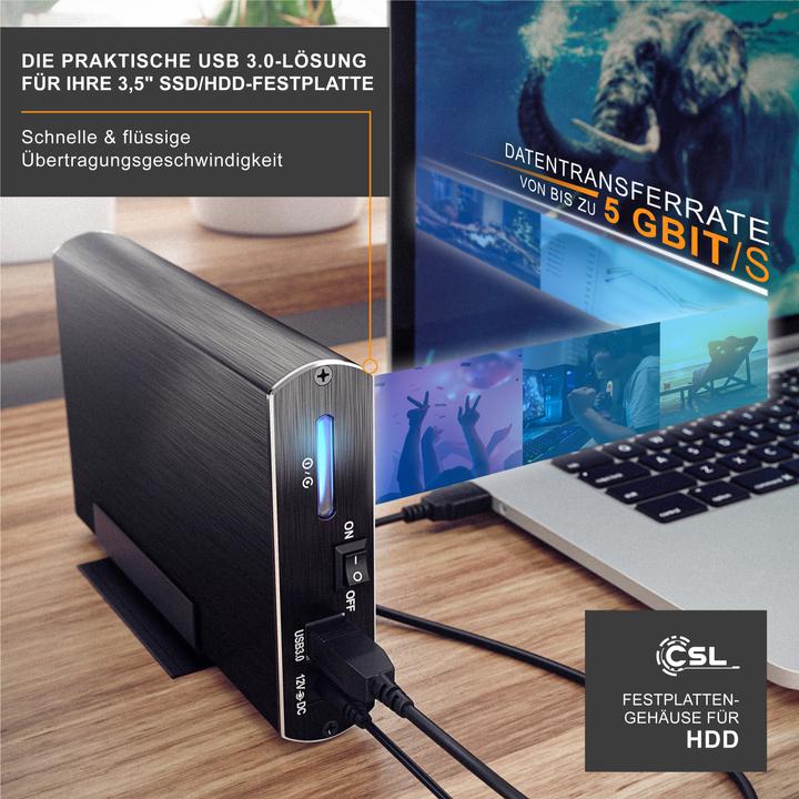 Produktbild CSL Festplattengehäuse, 3,5" USB 3.0 Aluminium Festplattengehäuse SATA I/II/III und SSD-fähig (3.5")