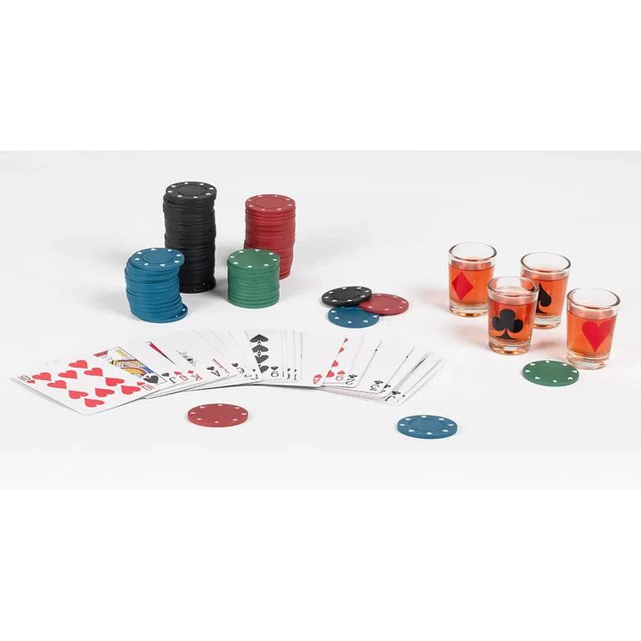 Produktbild Boland Trinkspiel Drinking Poker 120 Pokerchips, 1 Satz Spielkarten, 4 Glas-Schnapsgläser