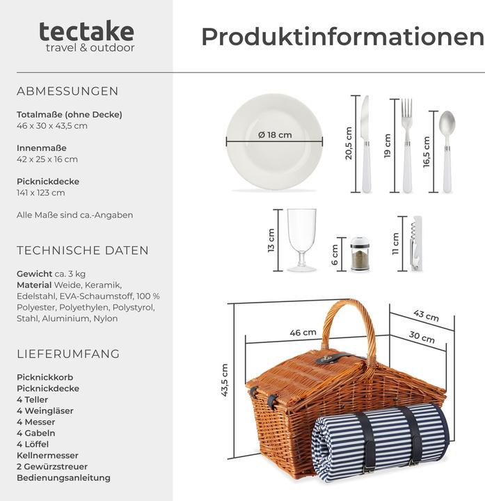 Produktbild tectake Picknickkorb Usedom für 4 Personen, mit Kühlfach & Zubehör