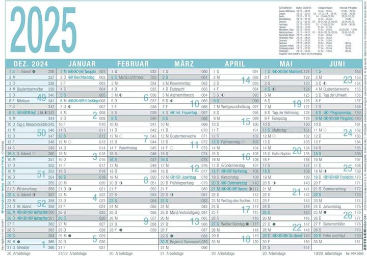 Actual product image Working days calendar 2025 grey/turquoise, 29,7x21cm, poster calendar with 6 months on 1 (A4, Hardcover, German)