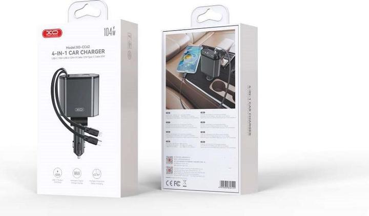 Immagine prodotto xO Caricabatterie da auto CC62 104W 1x USB 1x USB-C grigio con cavo USB-C e cavo Lightning