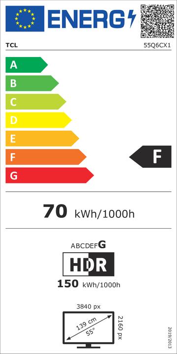 Etichetta energetica TCL Serie Q6C Smart TV QD-MiniLED 4K 55" 55Q6C, audio Onkyo 2.1, Dolby Vision IQ & Atmos, Google TV (55", Mini-LED, 4K, 2025)