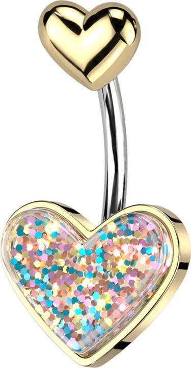 Star Piercing Banane silber mit Herz vergoldet und Herz vergoldet Glitter (Messing, Chirurgenstahl 316L)