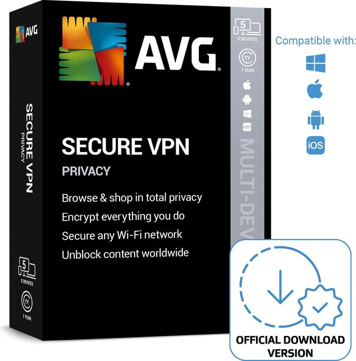 Image du produit Avast AVG Secure VPN (5 Utilisateur, 5 Périphériques/Utilisateurs, 12 mois)