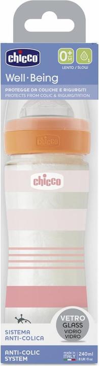 Immagine prodotto Chicco Biberon, vetro, 0% BPA, 240 ml, tettarella fisiologica in silicone, 1 foro, flusso lento - GIALLO (240 ml)