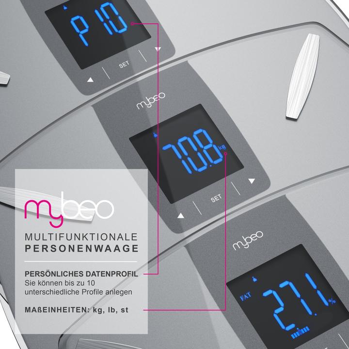 Actual product image Mybeo Digital body fat scale made of glass, personal scale, determination of body fat, water percentage (180 kg)