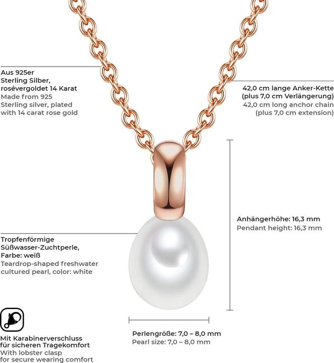 Image du produit Valero Pearls Femmes en argent sterling perle d'eau douce de culture or rose 42,0 cm chaîne de base + 7,0 cm (Argent 925, 42 - 49 cm)