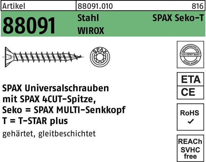 Spax Schraube R 88091 Senkkopf/T-STAR 4 x 15/11-T20 Stahl WIROX (1000 Schrauben pro Stück)