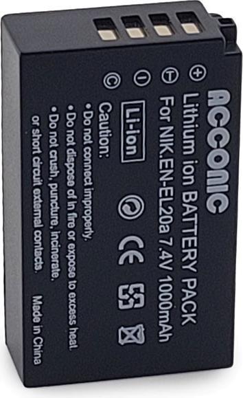 Actual product image Acconic Battery f. Nikon EN-EL20 EN-EL20a 1 A Blackmagic Pocket J1 J-1 J2 J3 S1 V3 V-3 (Camera battery)