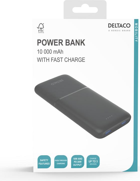 Actual product image Deltaco Powerbank 10,000 mAh, 2x USB-A 18 W, 1x USB-C PD 20 W - Black (10000 mAh, 20 W, 37 Wh)
