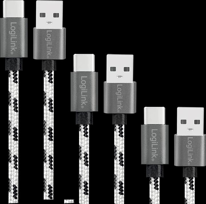 Produktbild LogiLink USB 2.0 Type-C Kabel-Set, C/M zu USB-A/M, Alu, Nylon, weiss/schwarz (2 m, USB 2.0)