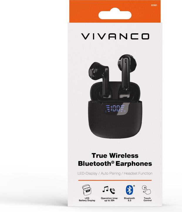 Produktbild Vivanco TWS Bluetooth Kophoerer mit LED-Display Case, schwarz (20 h, Kabelgebunden)