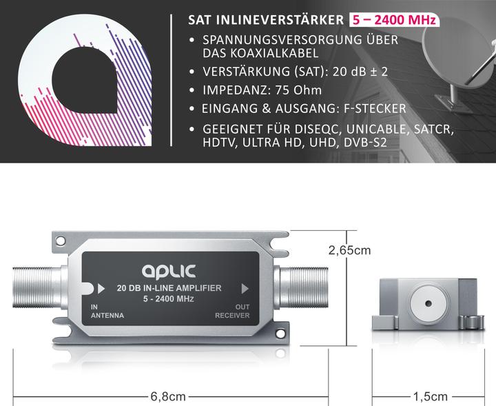 Produktbild Aplic Inlineverstärker, Satelliten Leitungsverstärker, Inline 5 - 2400 MHz SAT Verstärker, F-Buchsen (Verstärker)