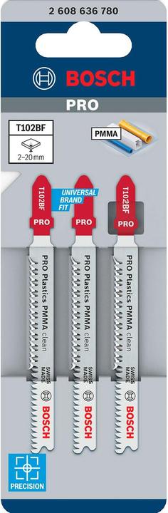 Image du produit Bosch Professional Zubehör Lame de scie sauteuse PRO Plastics PMMA clean T102BF, 92 mm, 3 pcs.