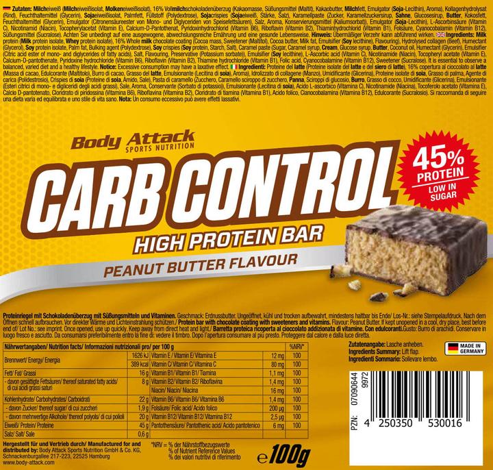 Immagine prodotto Body Attack Carb Control (15 barrette da 100 g) (Dado Crema Torrone, 15 pz., 1500 g)