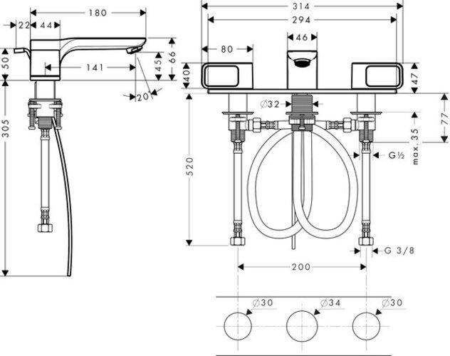 Actual product image hansgrohe 3-L basin mixer 50 AXOR URQUIOLA DN 15 m ZAG 1 1/4" m Pl chr