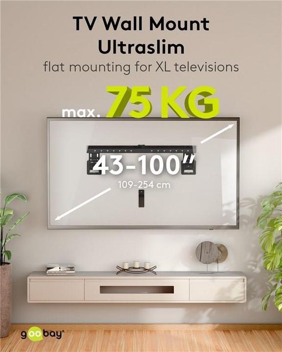 Image du produit Goobay Support TV mural Basic FIX XL Ultraslim 43-100z 75kg 9,5mm distance du mur (Mur, 100", 75 kg)