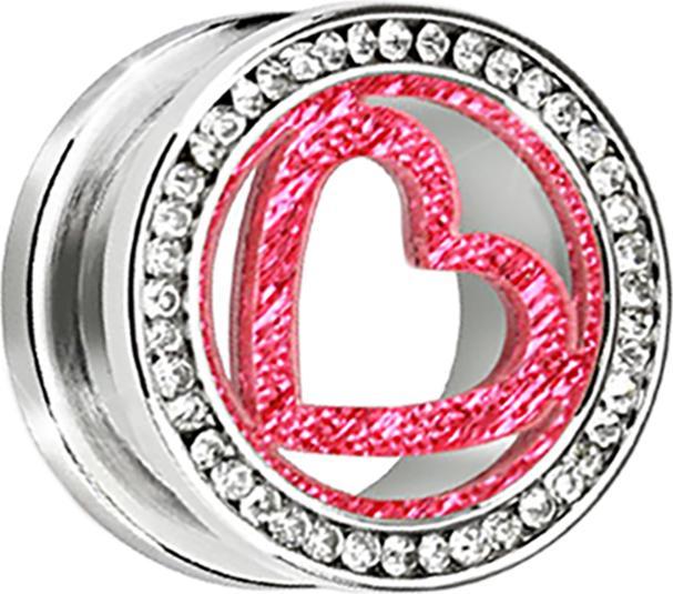 Produktbild Star Piercing Flesh Tunnel silber mit Kristall silber und pinkem Herz (ohne Messing, Chirurgenstahl 316L)