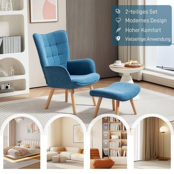 Actual product image Swisshandel24 Sessel mit Hocker, Ohrensessel mit Hoher Rückenlehne, Holzbeine, Cord, Blau