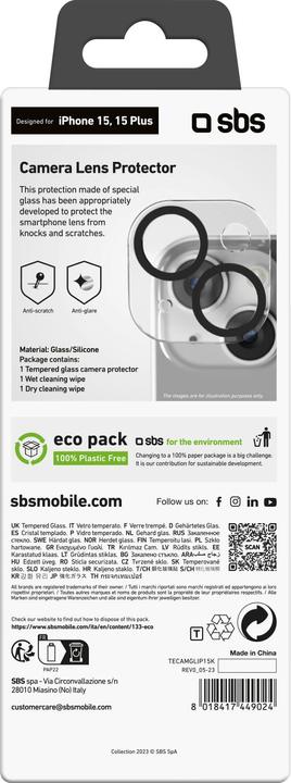 Produktbild SBS Glas SP Kameralinse iPhone 15/15 Plus (1 Stück, Apple iPhone 15 Plus, Apple iPhone 15)