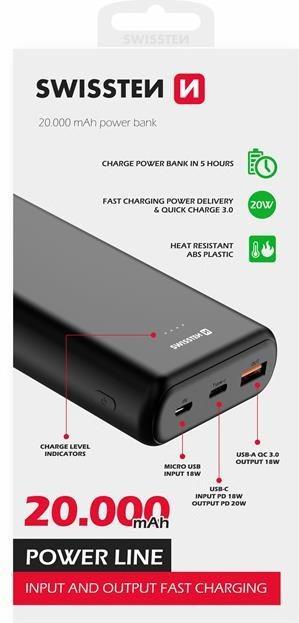 Produktbild Swissten POWER LINE POWER BANK 20000 mAh 20W Power Delivery Schwarz (20000 mAh, 20 W, 74 Wh)