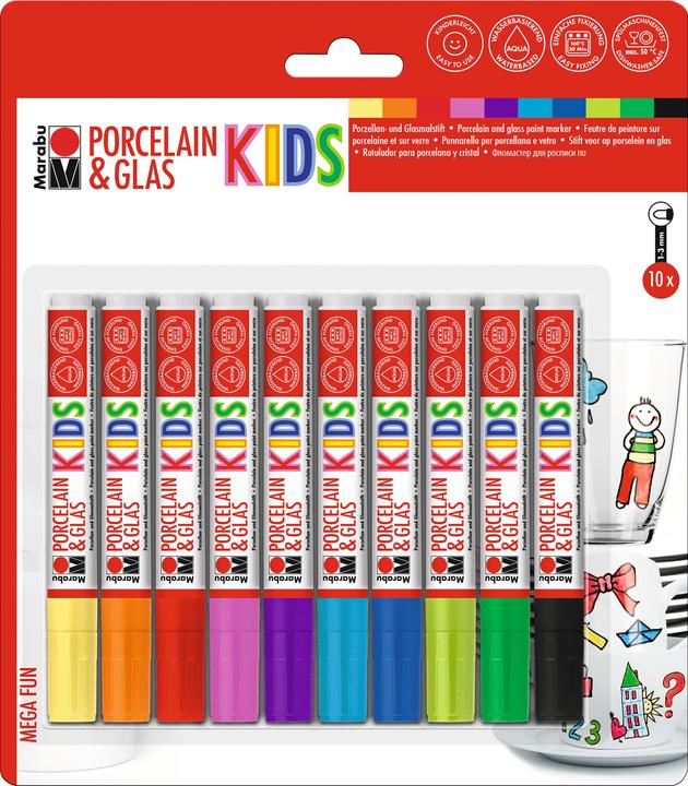 Actual product image Marabu Porcelain and glass painting pen Kids (Red, Blue, Orange, Turquoise, Green, Black, Violet, Yellow, 10 x)