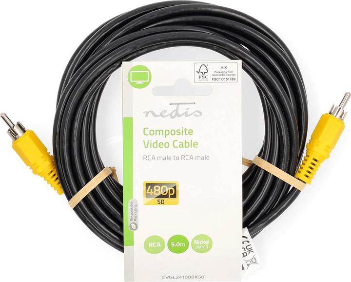 Actual product image Nedis Composite video cable | RCA | RCA | Nickel-plated | 480p | 5.00 m | Round | PVC | Black | Label (5 m, Cinch)