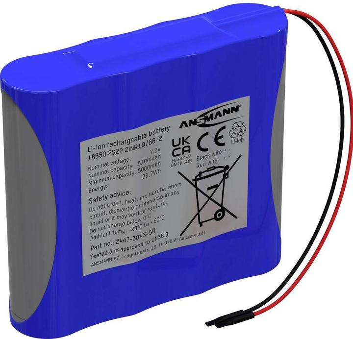 Ansmann 2S2P battery pack 4x 18650 cable Li-Ion 7.2 V 5100 mAh (1 pcs., 18650, 5100 mAh)