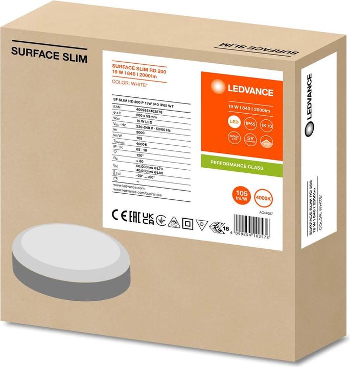 Produktbild Ledvance SURFACE SLIM Wand-/Deckenleuchte IK10 rund 200 19W 840 weiss IP65 (2000 lm)