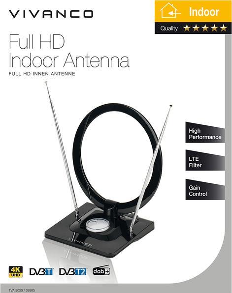 Actual product image Vivanco Indoor aerial TVA3050 (38885) (Indoor antenna, 14 dB, DVB-T / -T2, DAB/ DAB+, LTE)
