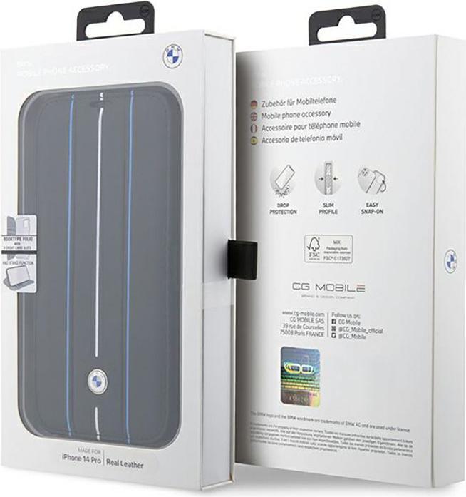 Actual product image BMW Case BMBKP14L22RVSK iPhone 14 Pro 6.1" czarny/black bookcase Leather Stamp Blue Lines (Apple iPhone 14 Pro)