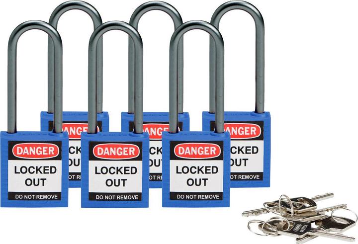 Produktbild Brady kompaktes Sicherheitsschloss Nylon, Blau, 50mm Bügelhöhe, 4.7mm Aluminium-Schliessbügel (Keye